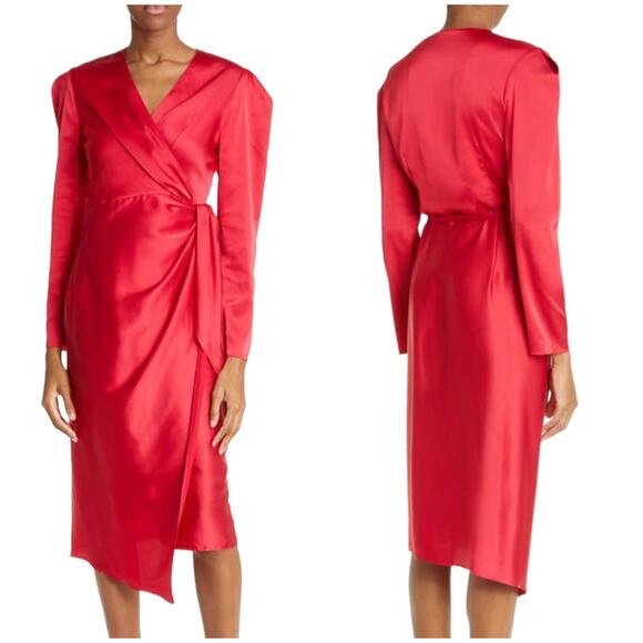 Mother Of All NWT Rosie Long Sleeve Stretch Silk Satin Wrap Dress Red Size M - Picture 1 of 12